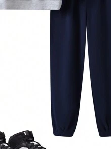 SHEIN 2 peças/conjunto de moletom com capuz para meninos adolescentes, casual, azul marinho, estampa de letras em inglês e cinza mesclado + calça com cordão azul marinho, adequado para outono/inverno, quente, versátil, clássico