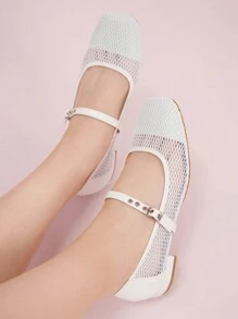 Cuccoo Bailarinas de estilo callejero clásico de ocio para vacaciones con punta cuadrada y estilo Mary Jane de malla para mujeres en Halloween