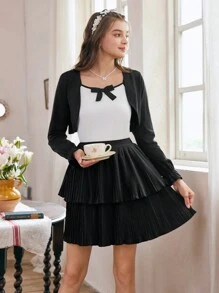 Summer Teen Girls' Sweet And Casual Design Short Jacket With Bowknot Strap Vest And Fluffy Pleated Skirt 3pcs Set Ideal For Daily Outings, Commuting, Leisure And Street Photography