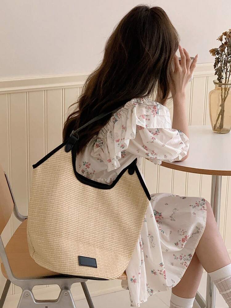 Large Capacity Woven Straw Shoulder Bag, Perfect For Vacation And Leisure Activities
