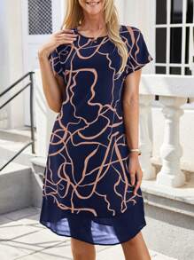 EMERY ROSE Women's Round Neck Short-Sleeve Dress With Random Striped Print - Navy Blue - View 4