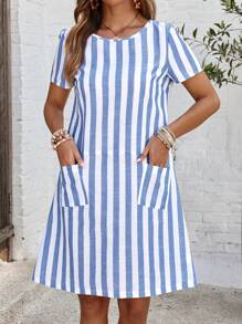 EMERY ROSE Women's Short Sleeve Casual Blue And White Striped Dress With Pockets - Blue and White - View 5