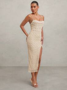 L'Amorae Women's Lace And Pearl Cowl Neck Midi Dress With Slit - White - View 6