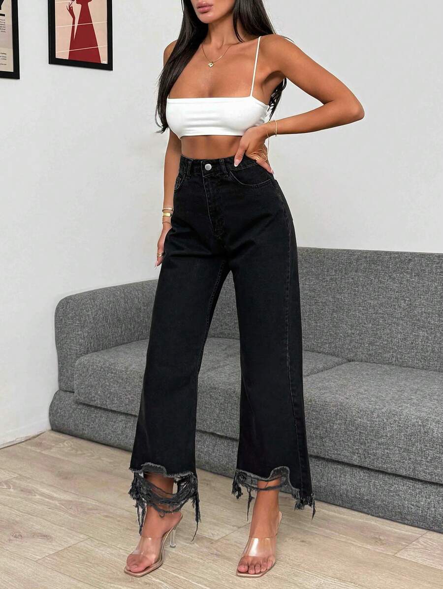 RueChic 100% Cotton HIGH RISE CROPPED STRAIGHT CUT RIPPED HEM BLACK JEAN - Black - View 1