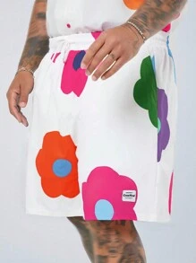 Manfinity VCAY Men's Plus Size Casual Woven Shorts With Flower Pattern Print, Mid-Rise Drawstring Waist, Straight Cut, Suitable For Summer Beach - Multicolor - View 1