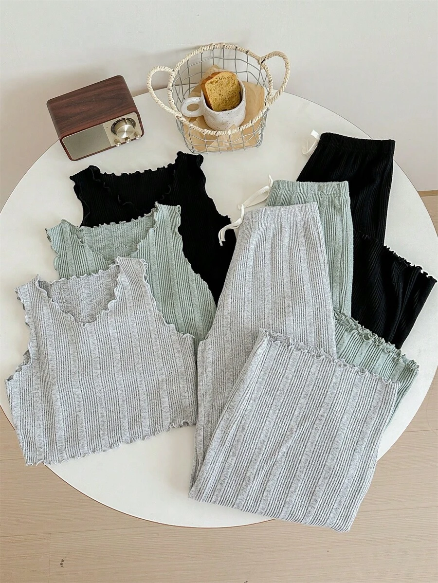 SHEIN Tween Girl's Casual Comfortable Knitted Tank Top And Wide Leg Pants Set With Stripes, Multi-Color - Multicolor - View 1