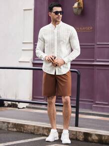 Manfinity VCAY Men's Woven Loose Fit Long Sleeve Collared Casual Shirt, Suitable For Autumn And Daily Wear