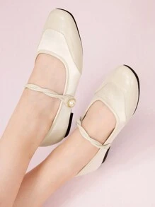CUCCOO DOLLMOD 法式玛丽珍平底鞋配珍珠纽扣，舒适拼接芭蕾平底鞋，适合万圣节女式 - 米色 - 查看 2