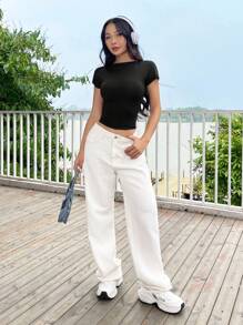 SHEIN EZwear 2pcs/Set Black Open Blue Round Neck Short Sleeve Tight Crop Top T-Shirt, Suitable For Summer - Royal Blue - View 6