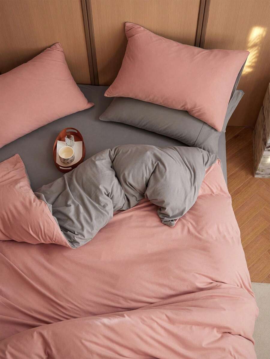 3pcs/Set Pink & Gray Bedding Set, Duvet Cover & Pillow Shams - Pink - View 1