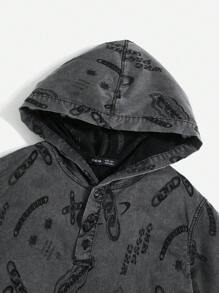 SHEIN 青少年男孩 2 件套牛仔效果休闲破洞超大连帽短袖 T 恤和阔腿短裤套装，适合夏季服装 - 黑色 - 查看 3