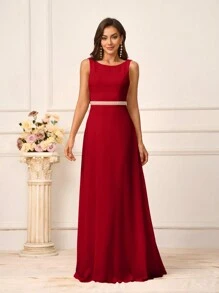 SHEIN Belle Women's Romantic Pink Chiffon Fabric Round Neck Vest With Pocket, Pearl Woven Decorative Belt, Backless Design With Pearl Chain Combination Decoration, A-Line, Suitable For Wedding Season, Mother's Day, Formal Dress Code, Bridesmaid Dress - Red - View 7