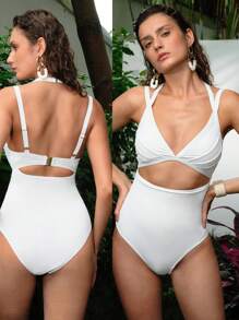 MOTF PREMIUM SUMMER BEACH SOLID CUTOUT OPEN BACK ONE-PIECE SWIMSUIT - White - View 8