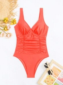 Swim Basics 夏季海灘純色低背褶皺泳衣