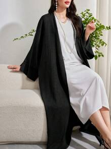 Al Najma 女士纯色简约日常朴素长袖阿拉伯长袍 - 黑色 - 查看 5