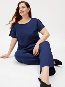 LUVLETTE Women's Plus-Size Dark Blue Soft 100% Pure Cotton Pajamas Sets Lounge Set Lingerie