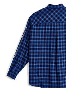 Manfinity VCAY Men's Street Woven Logo Ink Printed Plaid BOXY Long Sleeve Shirt, Suitable For Autumn And Winter Fashion - Blue - View 14