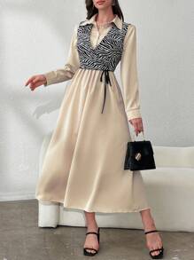 Mulvari Conjunto de 2 piezas de vestido de camisa de unicolor con chaleco de estampado de cebra casual para mujer en primavera y otoño