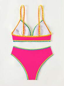 女士夏季沙灘花苞邊緣性感比基尼套裝 - 玫紅色 - 查看 6