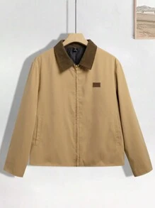 Manfinity Homme Men's Corduroy Collar Contrast Color Pocket Front Button And Zipper Closure Jacket, Daily Casual - Khaki - View 4