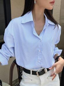 DAZY Damen gestreiftes, oversized, lässiges Langarmhemd, Business-Lässig für den Herbst, Langarmoberteil, Herbstmode für Frauen