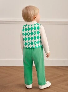 SHEIN 3pcs/Set Baby Boys' Summer Plaid Vest Overalls With Hooded Bodysuit And Long Pants Gentleman Outfit - Green - View 2