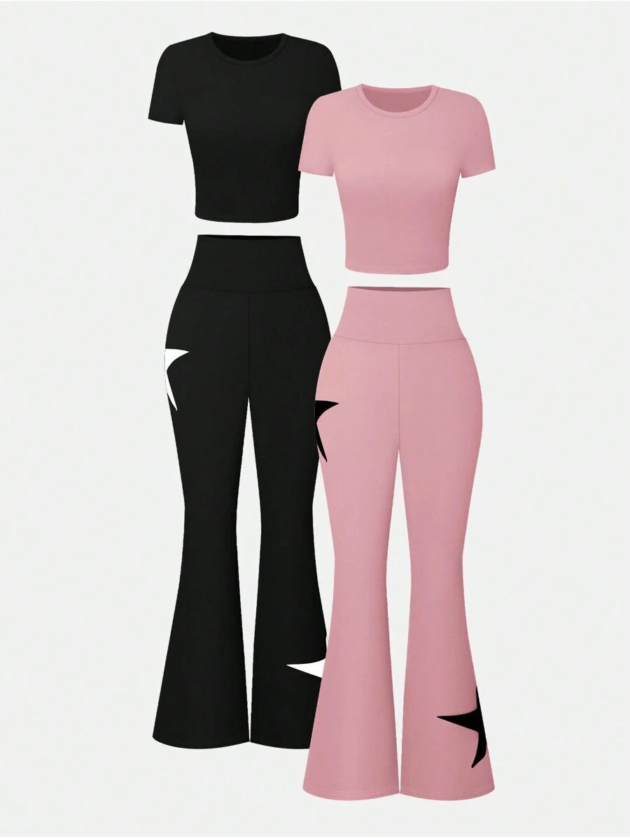 Lunelith SHEIN Lunessa Set de dos piezas de camiseta de manga corta en unicolor casual de verano y pantalones acampanados con estampado de pentágono