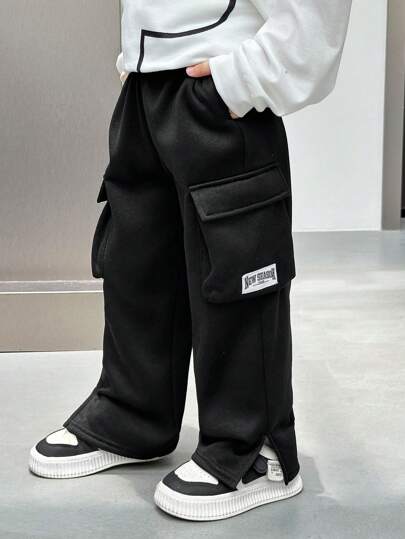 SHEIN 1入男孩休閒保暖灰色灰絨針織褲，寬鬆直筒貼標籤口袋設計，純色風格，適用於返校、生日、BBQ或派對，適用於秋冬季節