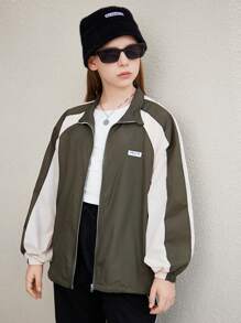 SHEIN Tween Girl Loose Casual Comfortable Military Green Color Blocking Shoulder Patch Fashion Collared Long Sleeve Jacket - Army Green - View 4