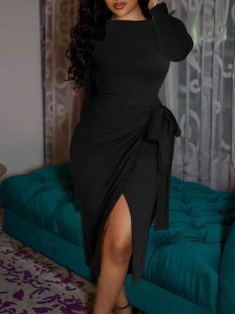 LovelyWholesale Women's Summer Slim Fit Long Sleeve Dress With Tied Straps, Solid Color