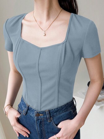 Feyla Women's Summer Solid Color Sweetheart Neck Short Sleeve Slim Fit T-Shirt