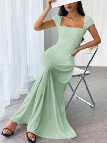 Firerie 女士优雅纯色方领鱼尾连衣裙，夏季 - 薄荷綠 - 查看 5