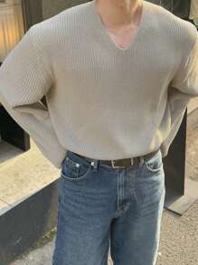 DAZY Men's Solid Color V-Neck Casual Long Sleeve Sweater, Autumn - Khaki - View 8