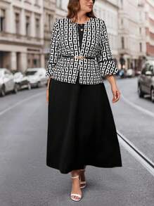 SHEIN Clasi Bộ 2 món/bộ cỡ lớn, áo khoác dài tay hở phía trước in họa tiết toàn thân và váy không tay có cạp chun, trang phục công sở thanh lịch và nhẹ nhàng cho nữ - Đen và trắng - Xem 1