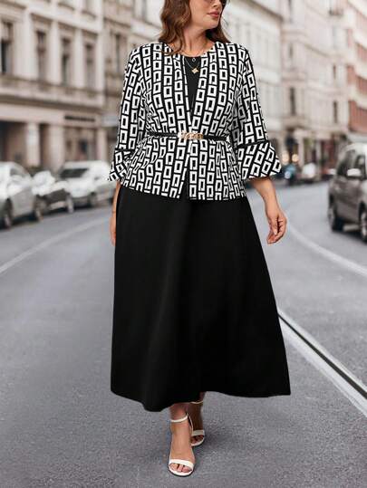 SHEIN Clasi Plus Size 2pcs/Set, Allover Print Open Front Long Sleeve Coat And Sleeveless Dress With Waistband, Elegant And Gentle Business Casual Woman