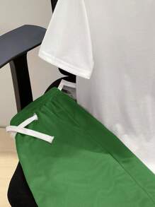 SHEIN Tween Boy's Korean Cute Casual Printed Round Neck Short Sleeve T-Shirt And Solid Color Knitted Shorts Set - Green - View 4