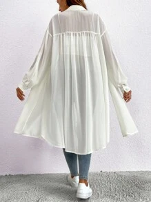 SHEIN Áo sơ mi dáng rộng dành cho bà bầu dài tay trễ vai và tay cuộn, màu trơn, mùa hè - trắng - Xem 2