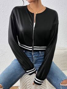 Chiquease Women's Spring & Autumn Faux PU Short Threaded Hem Zipper Casual Baseball Jacket
