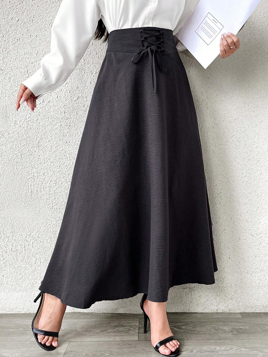 Mulvari 女士純色優雅腰帶裙 - 深灰色 - 查看 1