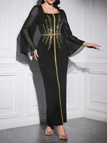 Modelyn Đầm dài tay thanh lịch cổ vuông đơn giản hàng ngày thêu trang trí cho nữ - màu đen - Xem 5