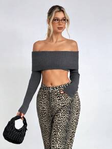 SHEIN Unity Suéter corto y sexy de hombros descubiertos para mujer, jersey de punto para otoño e invierno - Gris Oscuro - Ver 3