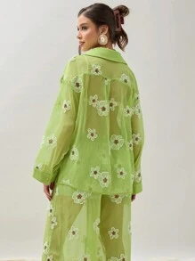 COSMINA Women's Loose Fit Spring/Summer Gold Thread Sequins Intricate Embroidery Floral Drop Shoulder Long Sleeve Fashion Shirt