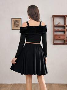 Teen Girl's Autumn/Winter Two-Piece Set, Including A Long-Sleeved Top With Fluffy Shoulder Strap And Bow Decoration, And A Black Elegant Skirt, Perfect For Party Events