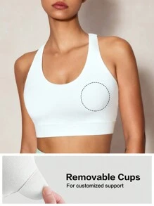 SHEIN Sovereign Charm Plain Color Cut Out Back Sports Bra - White - View 8