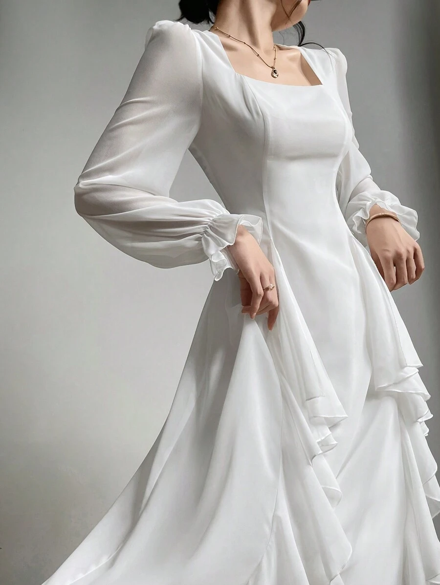 Modelyn Women's Solid Color Simple Daily Wear Square Neck Long Sleeve Dress Maxi Women Outfit Long Evening Dresses Fall Cloth For Women - White - View 1