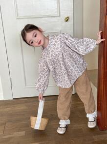 SHEIN Young Girls' Random Print Long Sleeve Top And Pants Set - Khaki - View 5