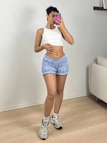 SHEIN EZwear Quần short nữ màu trơn kẻ sọc viền bèo nhún, thích hợp mặc hàng ngày. - Màu xanh lam - Xem 3