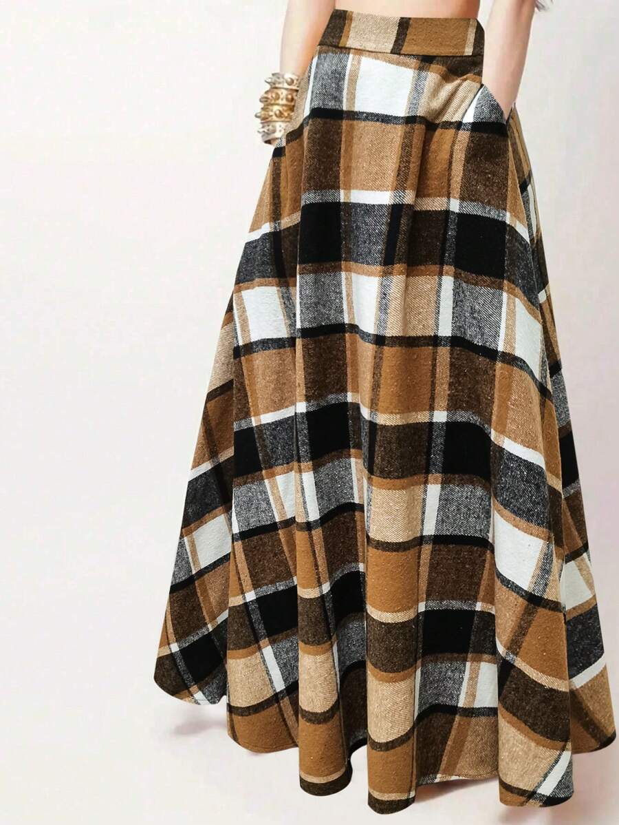 女式格子印花口袋休闲裙 - 彩色 - 查看 1