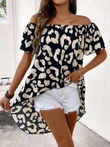 SHEIN LUNE Camisa de mujer de hombros descubiertos con estampado de leopardo, top con bajo asimétrico y alto bajo para mujer