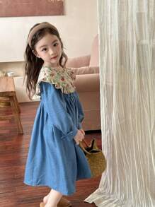 SHEIN Kleine Mädchen Urlaubs Lässig Patchwork Blumenkleid